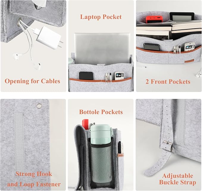 Surblue Bedside Caddy Felt Bed Storage Organizer Hanging Bag with Tissue Box and Water Bottle Pocket for Mattress, Sofa, Bunk Bed, Light Gray