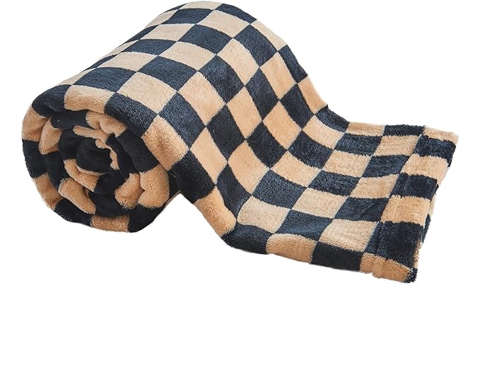 FY FIBER HOUSE Checkered Flannel Fleece Throw Blanket Soft Cozy Checkerboard Grid Print Chessboard Gingham Pattern Blankets for Bed Couch Sofa, 40"x50", Black Brown