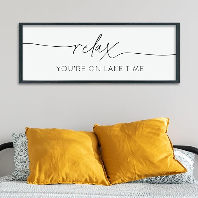 LuZhiQiang Home Wall Decor Relax You're On Lake Time Sign 40"×15" Living Room Minimalist Plaque for Lake House Bedroom Large Wood Framed Hanging Wall Art (Black)