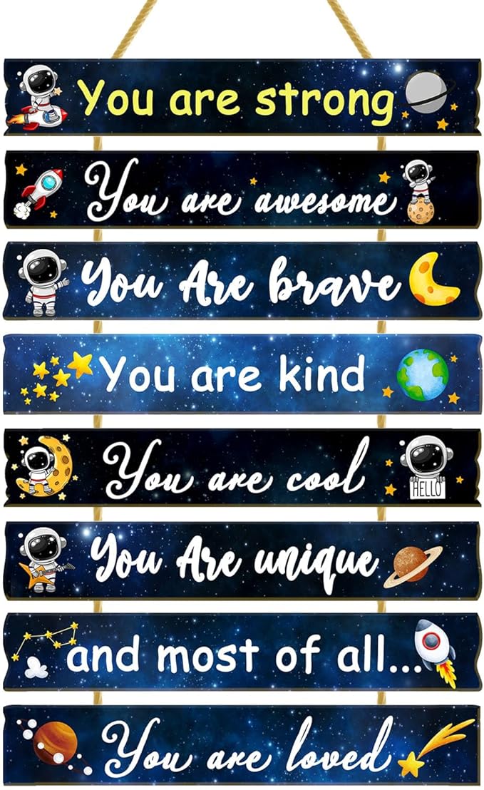 Rutiyoka Outer Space Themed Room Decor for Boys Bedroom Wall Inspirational Art Kids Wood Decorations Little Boy Nursery Toddler Sign