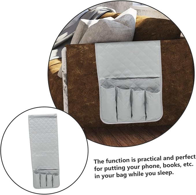 Amosfun Compact Hanging Storage Pouch Organizer for Sofa and Bed Practical Bedside Bag for Phone Chargers Books Water Bottle Versatile Grey Storage for Home and Dorm Use