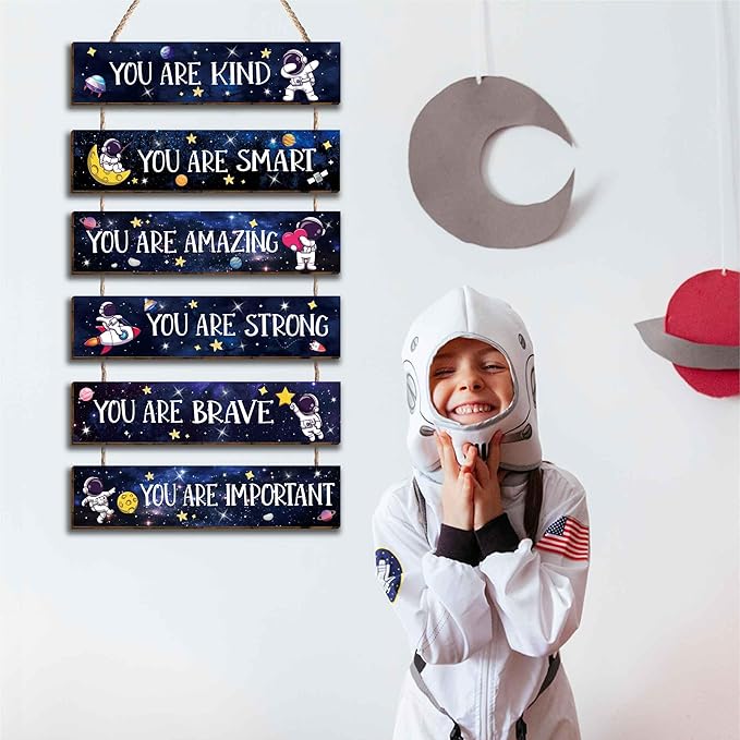 6 Pcs Space Astronaut Inspirational Quotes Kids Room Decor, Outer Space Posters Motivational Hanging Plaque Sign for Boys Kids Playroom Classroom Teens Children Bedroom Princess Toddler