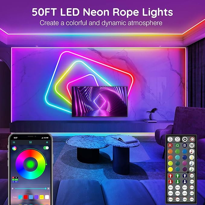 AILBTON 50Ft Neon Rope Lights,Flexible Led Rope Lights Control with App/Remote,Multiple Modes Rope Lights,IP65 Outdoor RGB Led Neons Lights,Music Sync Gaming Led Neon Light Strip for Bedroom Decor