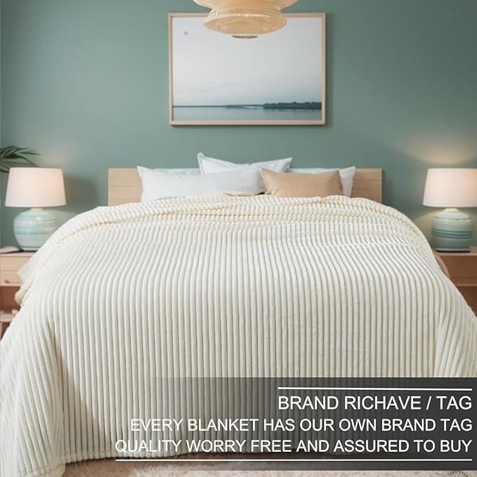 Richave Cuddly Blanket Queen Size,Premium Lightweight Anti-Static Fluffy Fleece Blanket with Striped Pattern for Queen Full Bed, 90x90 Inches,Cream