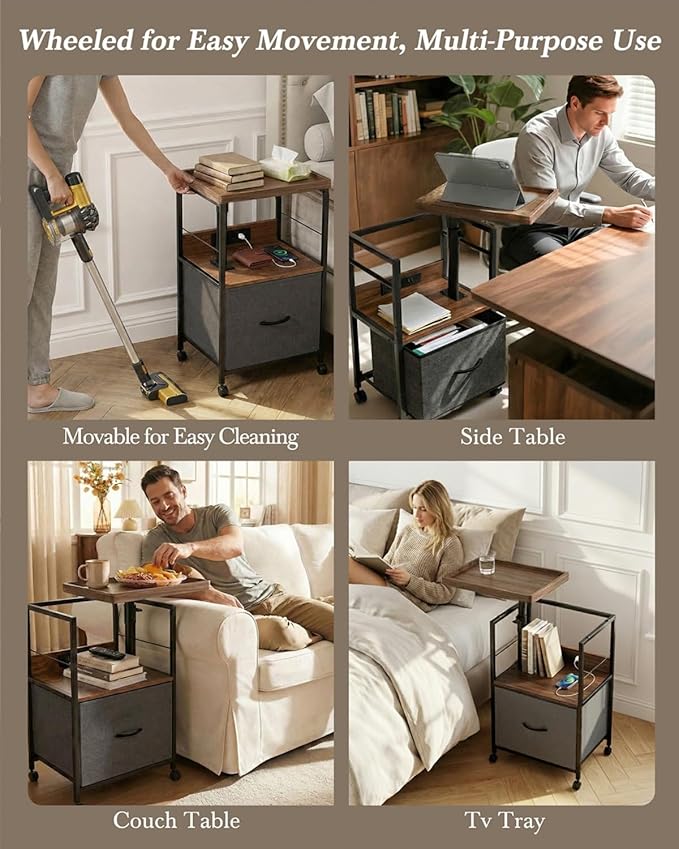 Swivel Lift Top Nightstand with Charging Station, Vacuum Forming Adjustable Bedside Table, Rolling Night Stand with Wheels, Small End Table with Fabric Drawer, for Bedroom, Living Room, Walnut Gray