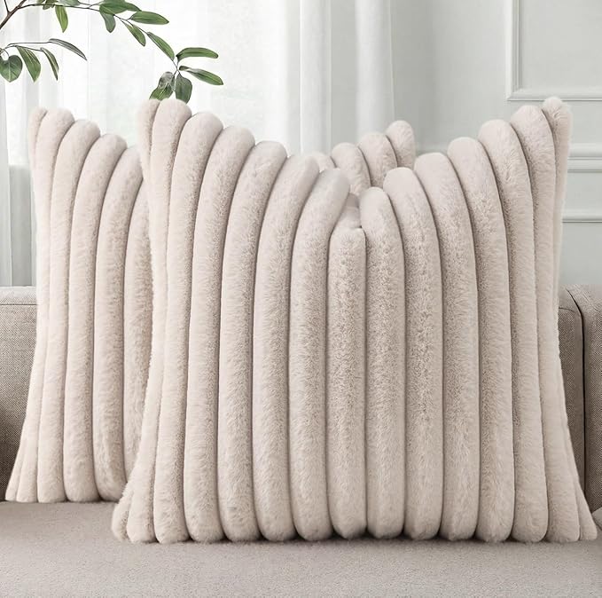 Pallene Faux Fur Plush Throw Pillow Covers 24x24 Set of 2, Luxury Soft Fluffy Striped Decorative Pillow Covers for Sofa, Couch, Living Room, Tan
