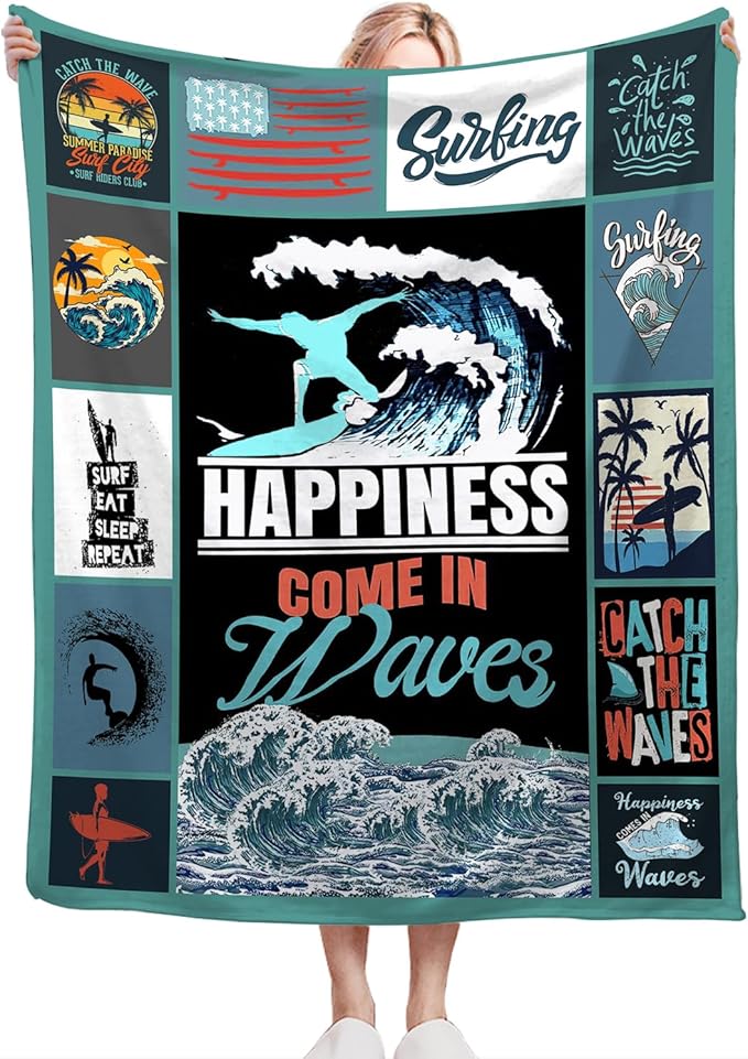 Surfing Blanket Surfing Surfboard Throw Blankets Decor Stuff Cozy Flannel Fleece Soft Plush Fuzzy Warm Lightweight Bedding Ocean Lovers Gifts for Women Girls Kids 80"X60"