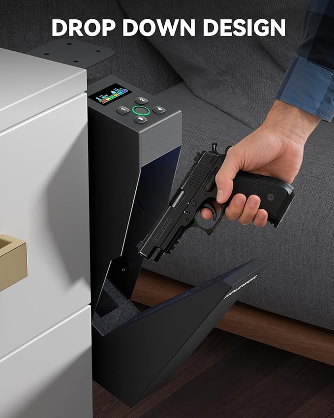 Gun Safe Biometric Pistol Safe Fingerprint Drop Down Mount Handgun Safe Under Table for Desk Bedside Nightstand