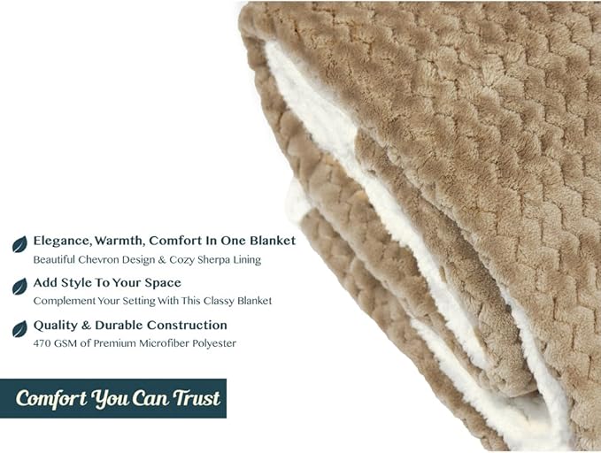 PAVILIA Tan Taupe Twin Bed Blanket Reversible Sherpa Chevron, Soft Cozy Jacquard Weave Textured Throw Sofa Couch, Thick Warm Large Fleece Car Blanket, Decorative Plush Home Decor, 60x80 Neutral Camel