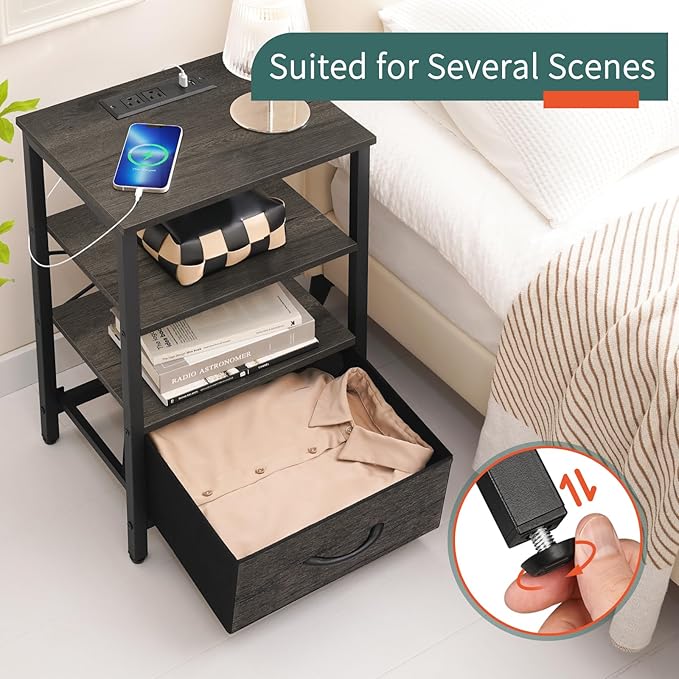 Yoobure Grey Night Stand with Charging Station, LED Nightstand for Bedroom, Bedside Tables with Adjustable Fabric Drawer, 3-Tier End Table Living Room, Small Side Table with Storage