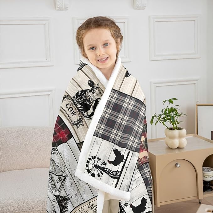 Rustic Farm Animal Fleece Bed Blanket Throw 50"X60" Retro Buffalo Plaid Farmhouse Cabin Throw Blanket Country Sheep Chicken Cow Print Sherpa Blanket,Grid Windmill Flannel Blanket Red Black Grey