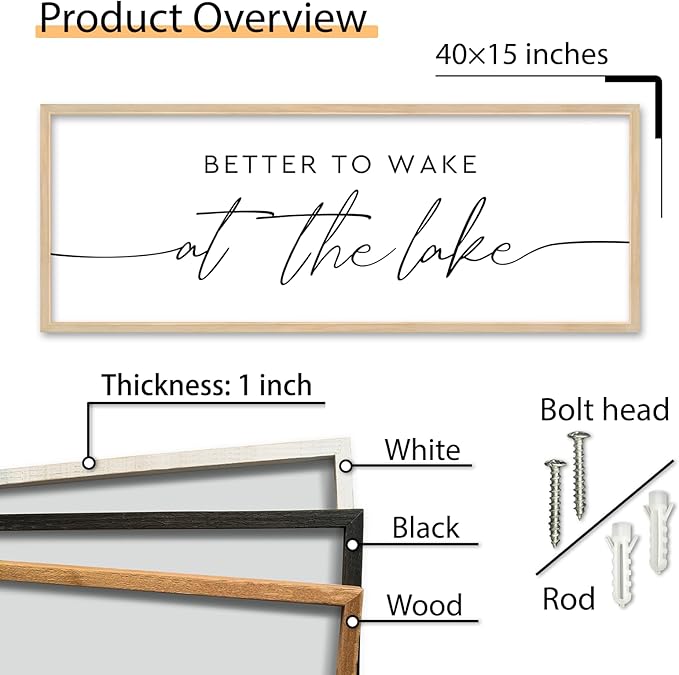 SRSZHIYUE Better To Wake At The Lake Wall Decor Above Bed Sign 40"×15" for Lake House Rustic Bedroom Over Bed Farmhouse Large Wood Framed Home Wall Hanging Art (Wood)