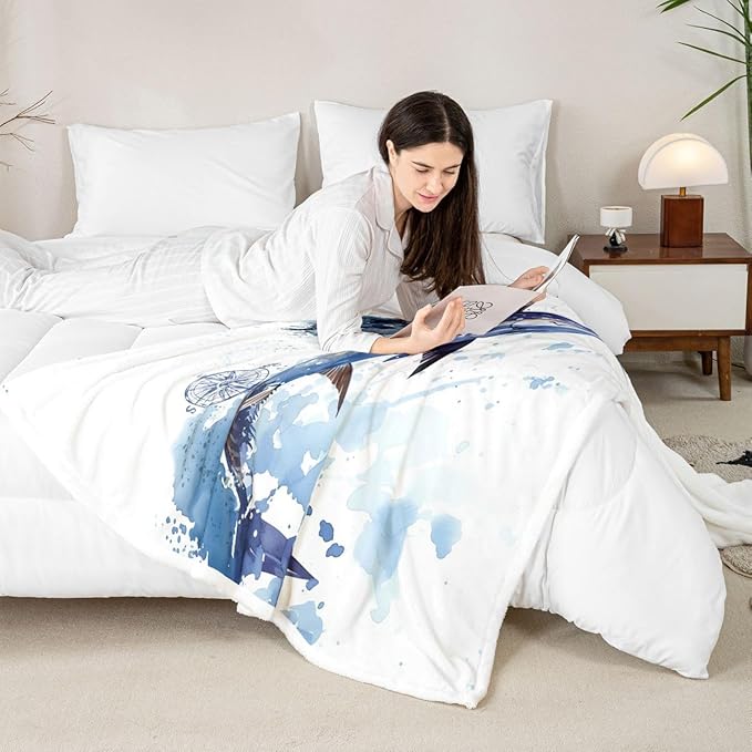 Erosebridal Marlin Swordfish Throw - Tie Dye Fleece Nautical Compass Sherpa Blanket - Fishing Theme Fuzzy - 40"x50" Blue Brown White