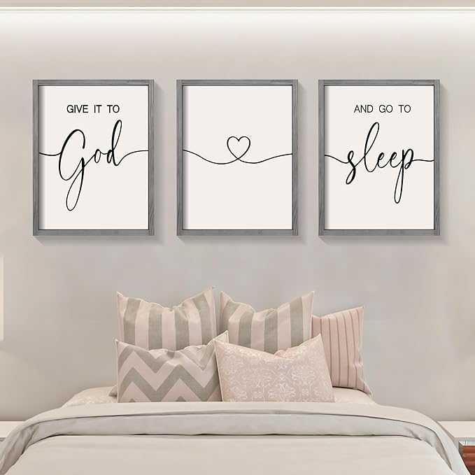 Heiple Give It to God and Go to Sleep Sign Set of 3 Above Bed Wall Decor Farmhouse Bedroom Decor Wood FramedArt Rustic Master Bedroom Essentials Home Decoration (Gray, 11”x14”)