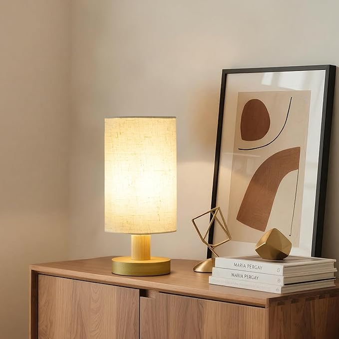 Bedside Lamps Set of 2, Small Bamboo Table Lamps for Bedroom, Minimalist Nightstand Lamps with Linen Shade, Modern Desk Lamp for Living Room, Study, Dorm (LED Bulbs Included)