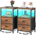 Rustic Brown Industrial Nightstand Set of 2, Bedside Table with 2 Fabric Drawers, 3-Tier Storage, LED Light, Charging Station, 11.38''D * 15.38''W* 24.75''H
