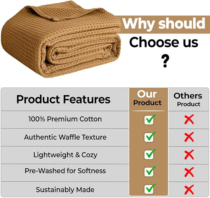 100% Cotton Blankets for Bed - Waffle Weave Blankets for Summer, Lightweight and Breathable Soft Woven Blanket for Spring (Orange, Queen (90" x 90"))
