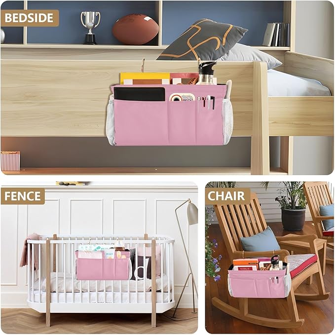 DOMIKING Pink Bedside Caddy for Dorm Bed Recliner Armrest Organizer with Hooks Haning Holders for Magazine Tablet Phone