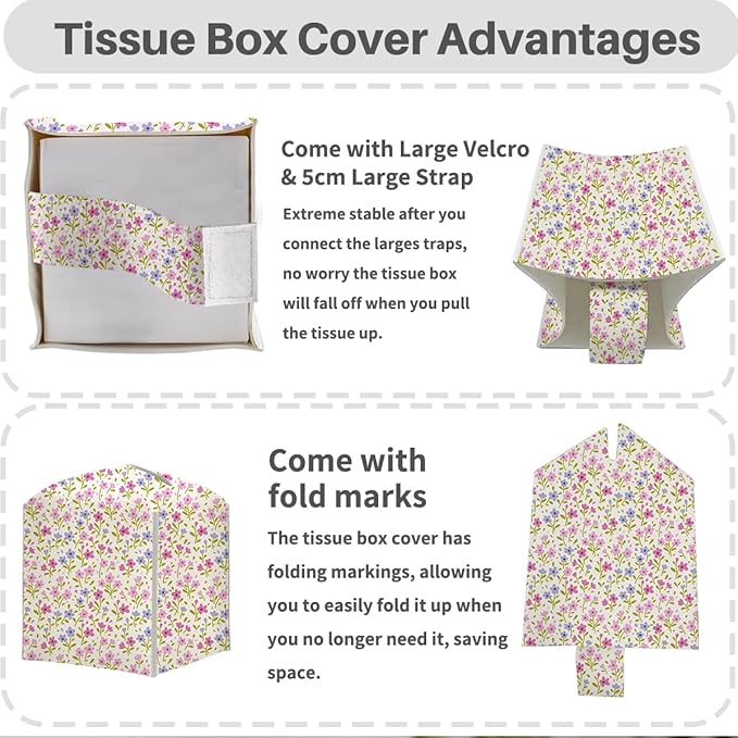 Tissue Box Cover, Tissue Box Holder, Square with Belt Bottom, PU Leather Decorative Organizer for Desk, Tabletop, Countertop Bathroom, Toilet Car, Office, Bedside Kitchen, Aesthetic Flower Decor