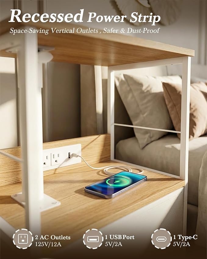360° Swivel Nightstand with Height Adjustable, Lift Top Bedside Table with Charging Station, Rolling Night Stand with Fabric Drawer, End Table with Wheels, for Bedroom, Living Room, Natural White
