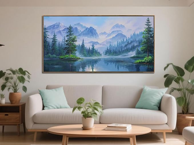 Ardemy Landscape Wall Art Canvas for Living Room, Mountain Lake Nature Bedroom Painting Textured Misty Forest Scenery Picture Green Artwork Home Office Decor, Wood Framed Large 48"x24"