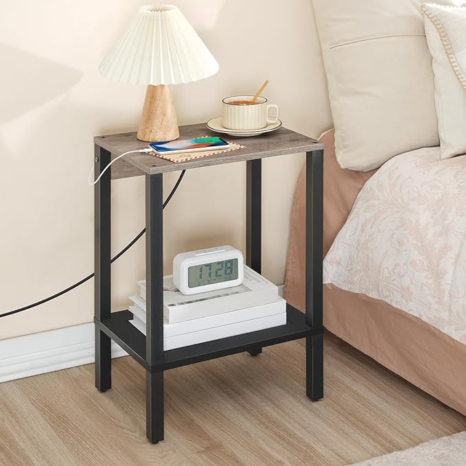 HOOBRO Side Table with Charging Station, Set of 2 End Table with USB Ports and Outlet, Nightstand with 2-Tier Storage Shelf, Faux Rattan Decoration, for Small Space, Greige and Black BG91UBZP201