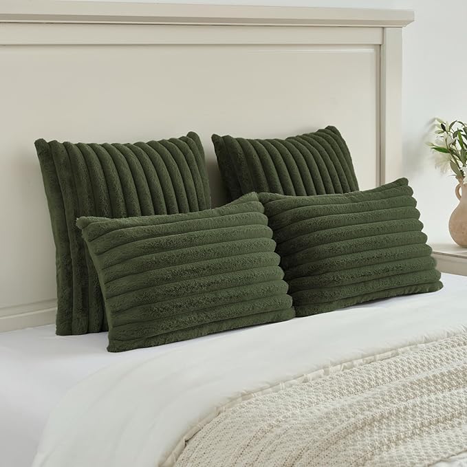 FUTEI Olive Green Decorative Throw Pillow Covers Set of 2, 28x28 Inch Soft Fluffy Faux Fur Plush Striped Euro Pillow Shams, Modern Home Decor for Couch Bed Living Room