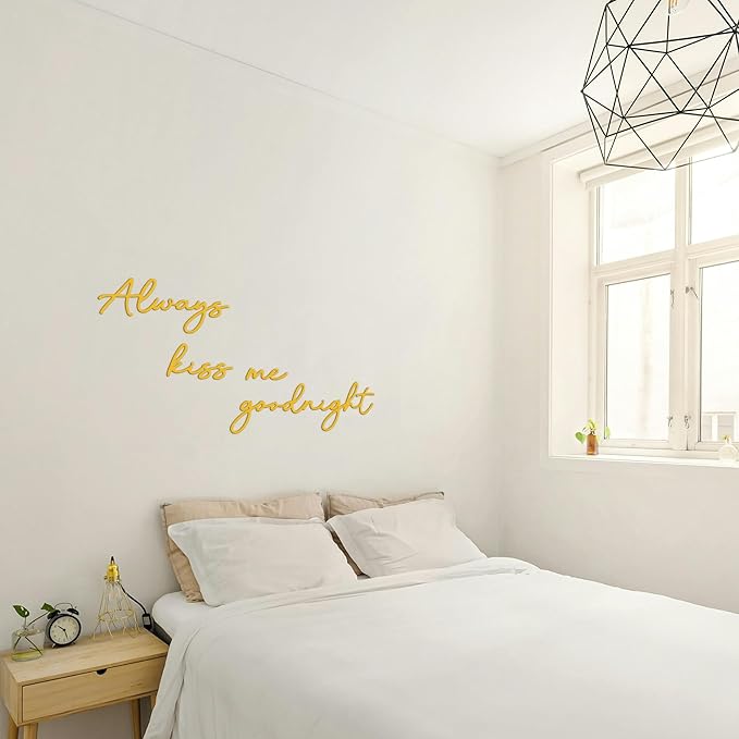 Always Kiss Me Goodnight Wall Sign Metal Wall decor Love Theme Wall decor Wall Hanging Sculptures for Bedroom Living Rooms, Gold, 19" x 10.2"