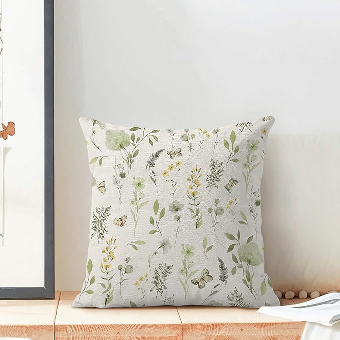 AEIOAE Spring Pillow Covers 16x16 Inch Set of 2, Sage Green Yellow Wild Flower Throw Pillows Case,Colorful Seasonal Floral Plant Outdoor Decorative Farmhouse Decor Cushion Covers for Sofa Bed Couch