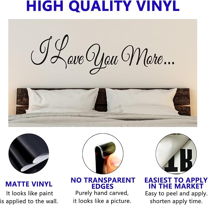 Love Wall Decals, Wall Stickers for Bedroom, Art Vinyl Quotes Couples Bed Master Bedroom Bathroom Kitchen Women Family Inspirational Marry Marriage Married Home, I Love You More 45.7"X12.7"