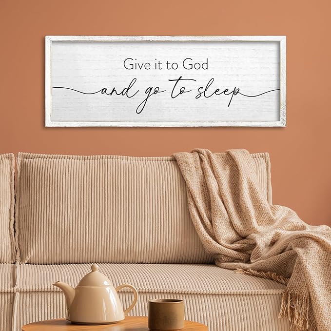 TQianJiang Give It To God And Go To Sleep Wall Decor Sign 24"X10" for Master Bedroom Above Bed Large Wood Framed Wall Art Hanging (White)