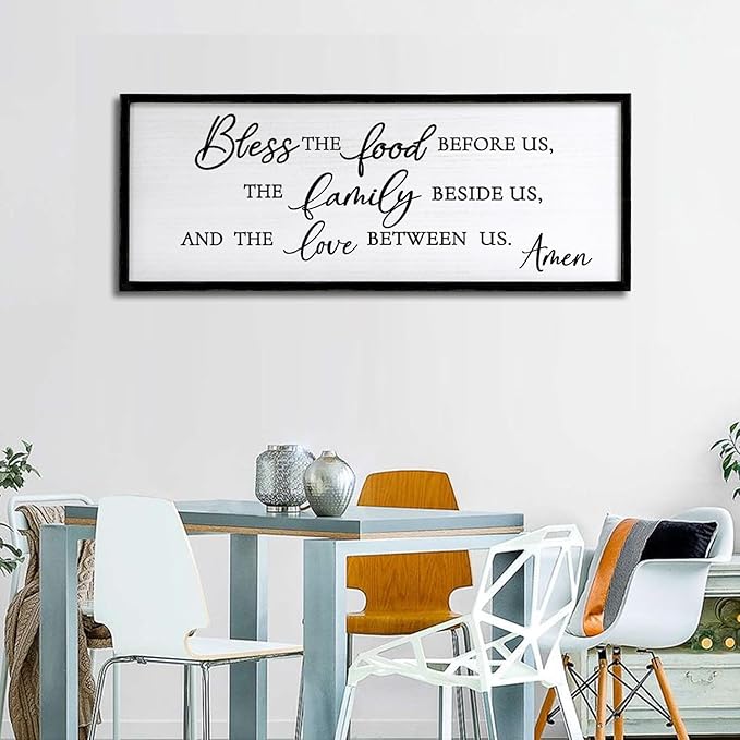 Foutcheou Bless The Food Before Us Wall Decor, 32"X12" The Love Between Us Sign Framed Farmhouse Kitchen Wall Decororation, Rustic Christian Bible Verse Wall Art for Dining Room