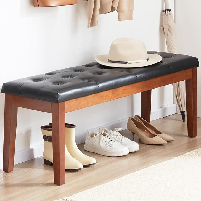 Ottoman Bench Upholstered Padded Seat with Solid Wood Legs and Button-Tufted, Faux Leather Black