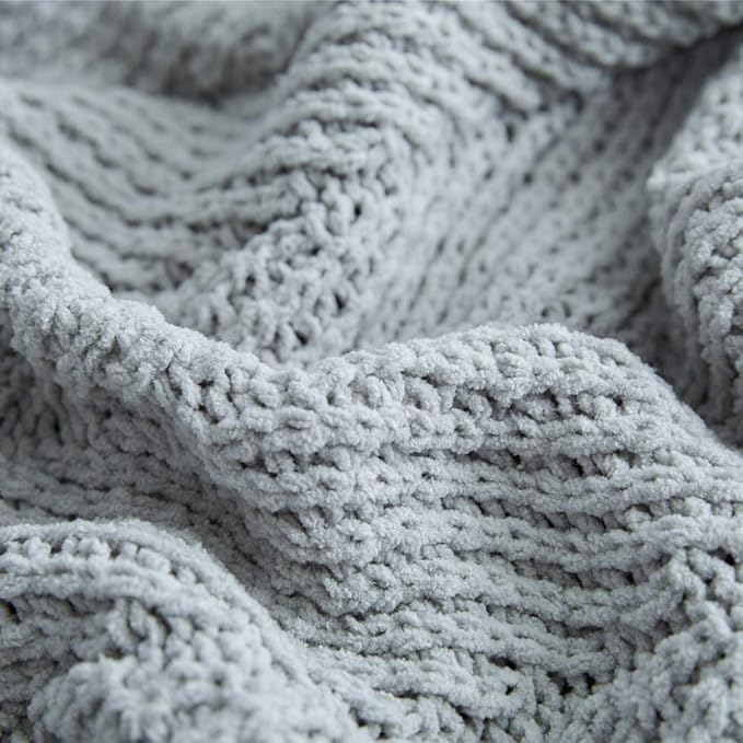 vctops Fur Pom Pom Knit Throw Blanket Super Soft Warm Cozy Cable Knitted Blanket for Sofa and Couch 51 x 63 Inch Light Grey