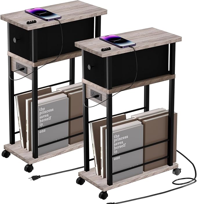 Side Table Set of 2,Side Table with Charging Station and Drawer, Narrow End Table with USB Ports and Outlets for Small Space, Living Room, Bedroom and Office, with 4 Wheels