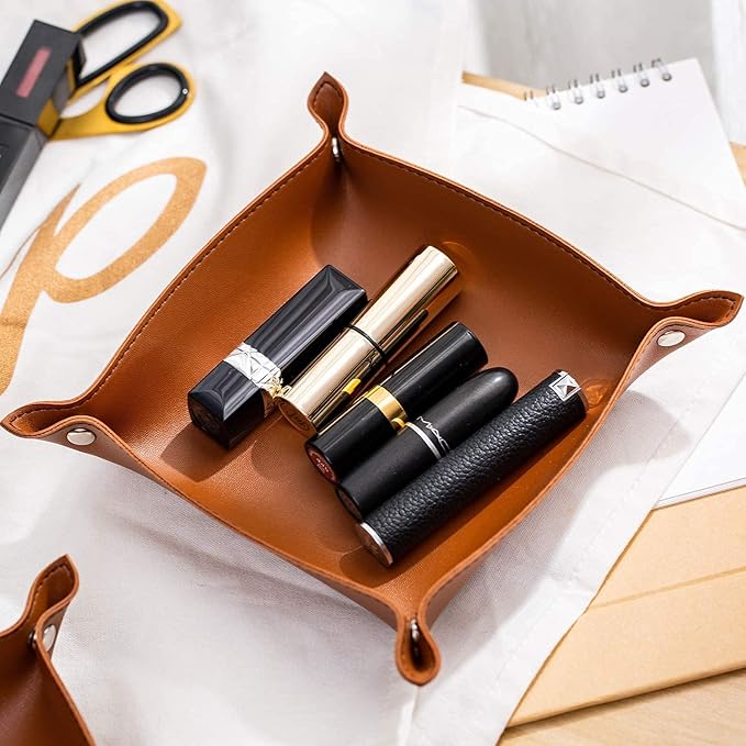 SANQIANWAN Leather Jewelry Valet Tray for Women and Man, Portable Entryway Table Tray Bedside Nightstand Desk Tray Small Catchall Travel Dish Plate for Key,Wallet,Watch,Coin (4PCs Brown-B)
