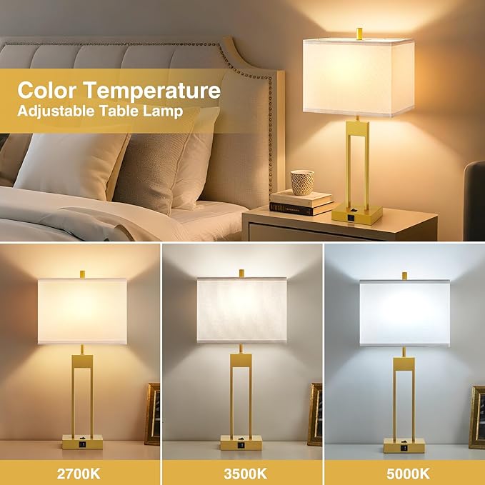GyroVu Extra Large 25.5" Nightstand Table Lamps for Bedrooms Set of 2, Bedside Lamp with USB C+A, Colors Changeable Living Room Lamp, Modern Night Stand Lamps for Bedside Reading, Gold+White Shade