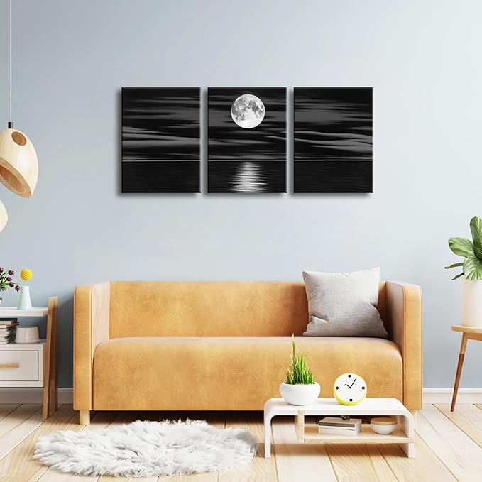Wieco Art 3 Panel Sea White Full Moon in Night Canvas Print Wall Art Black and White Ocean Beach for Living Room Bedroom Kitchen Home Decorations Modern Abstract Artwork