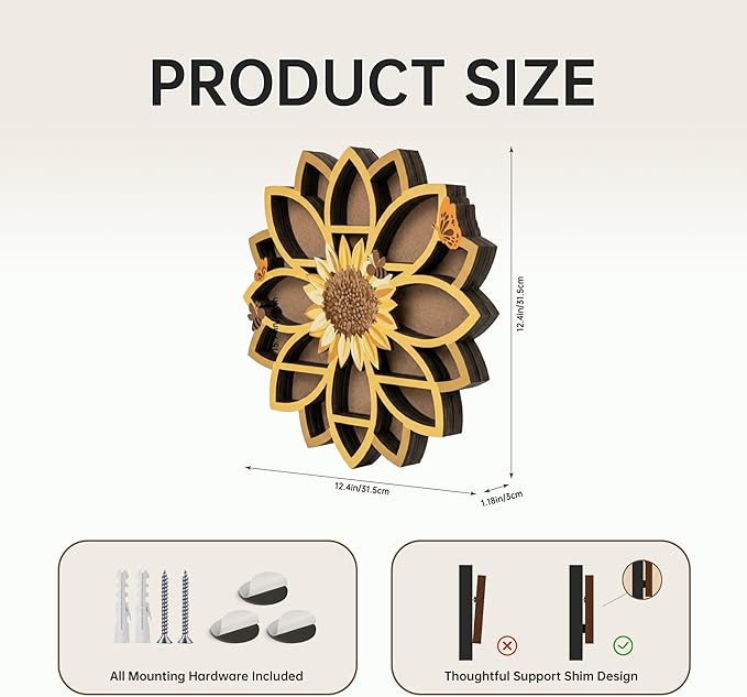 Sunflower Gifts for Women, Sunflower Decor Wooden Wall Floating Shelves with Lifelike Flower & Bee Accents, Trinket Crystal Display Shelf Boho Decor for Home Bedroom Living Room, Birthday Gift for Her