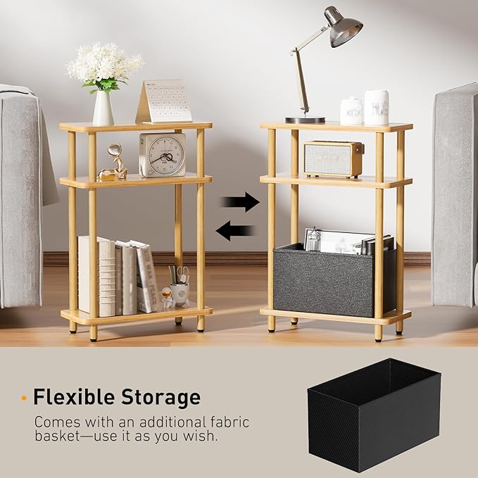 Narrow Side Table with Fabric Basket, 7" Wide, 3 Tier Skinny End Table with Wood Legs, Slim Nightstand/Bedside Table for Small Spaces, with Adjustable Feet, 15.7" L x 23" H