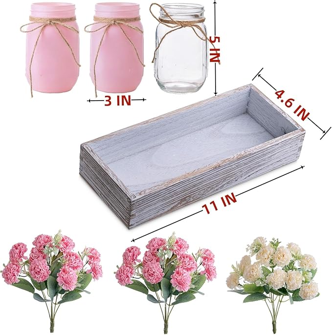 LUEUR 3PCS Artificial Hydrangea Flowers in Mason Jars with Wood Tray for Dining Table Coffee Table Farmhouse Home Decor Centerpieces Spring Decor Perfect for Kitchen, Living Room, Bathroom