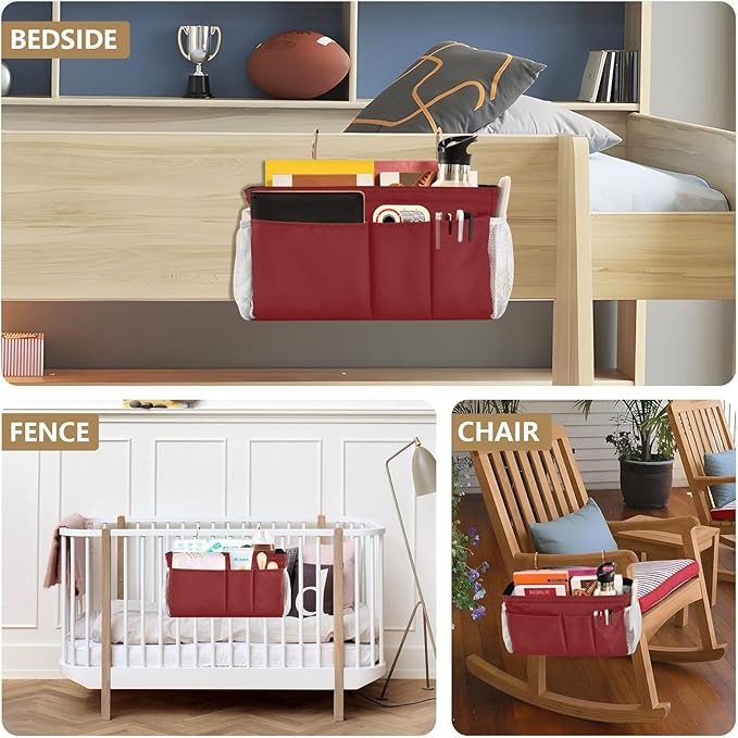 DOMIKING Wine Red Bedside Caddy for Dorm Bed Recliner Armrest Organizer with Hooks Haning Holders for Bunk Bed Headboards Rails