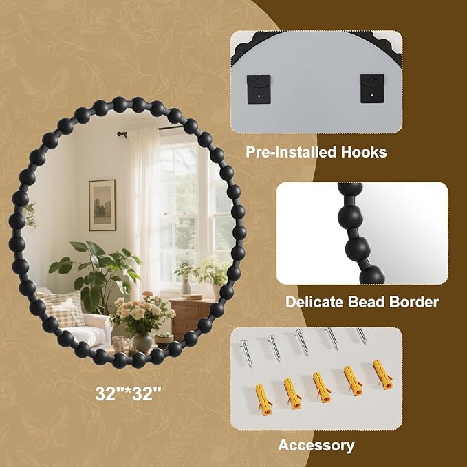 Round Mirror for Wall, 32 Inch Black Beaded Frame Decorative Vanity Mirror, Circle Bathroom Mirror with High-Definition Lense, Modern Wall Decor for Bathroom, Living Room, Bedroom, Entryway
