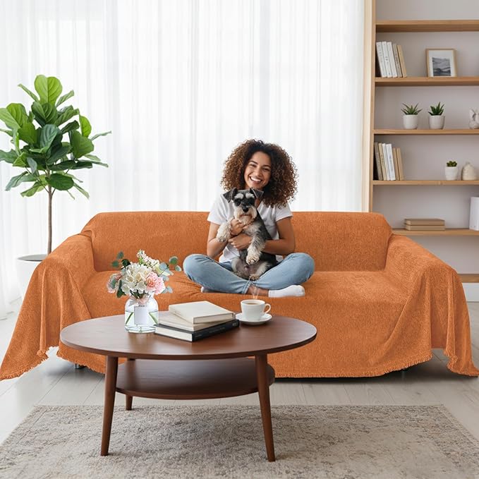 Smiry Couch Cover for Dogs, Washable Chenille Sofa Covers for 3 Cushion Couch, Soft Sofa Slipcover for Pets, Thick Sectional Furniture Protector with Tassels (Orange, 71x91 Inch)