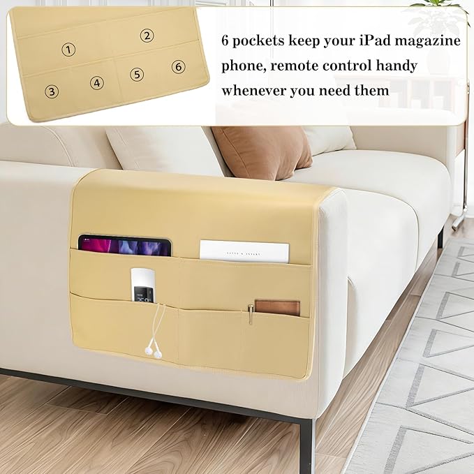 PU Leather Couch Organizer Caddy Sofa Armrest Organizer, Remote Control Holder for Recliner, Waterproof Armchair Caddy with 6 Pockets Storage for Magazine, Tablet, Phone (Earth Yellow)