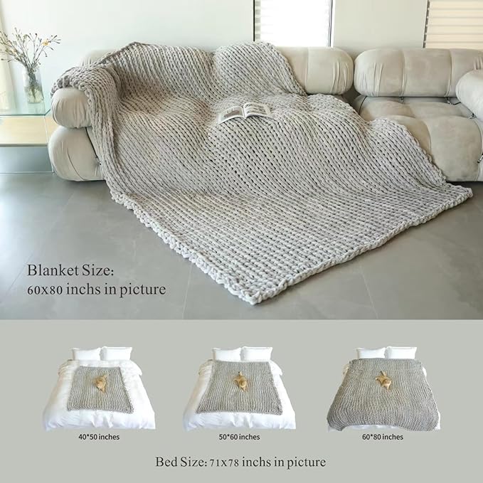 Maetoow Tighter Version Chenille Chunky Knit Blanket Throw （60×80 Inch）, Handmade Warm & Cozy Blanket Couch, Bed, Home Decor, Soft Fleece Banket, Boho Thick Blankets and Giant Yarn Throws，Dark Grey
