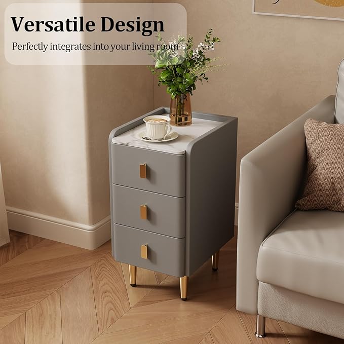 AQIMUELE Narrow Nightstand with Drawers, Narrow Side Table Leather, Small Bedside Tables for Bedroom. (Dark Gray)