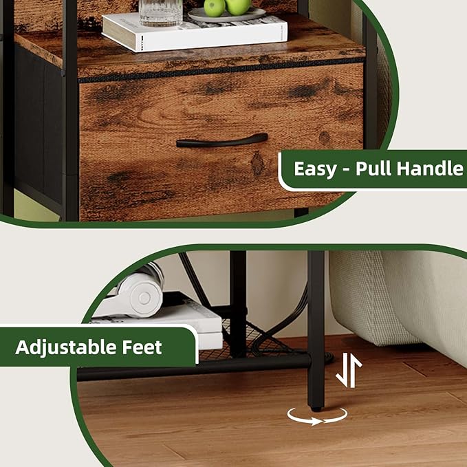 Somdot Nightstand with Charging Station and LED Light for Bedroom, Bedside Table End Table for Dorm Guest Room Bedside Kids Laundry Closet Entryway Hallway, Wood Grain Print