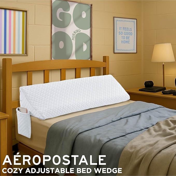 Aeropostale Foam-Filled Bed Wedge Pillow for Twin Beds – Dorm, Kids & Teen Rooms – Headboard Gap Filler with Side Pocket for Bedside Essentials, White