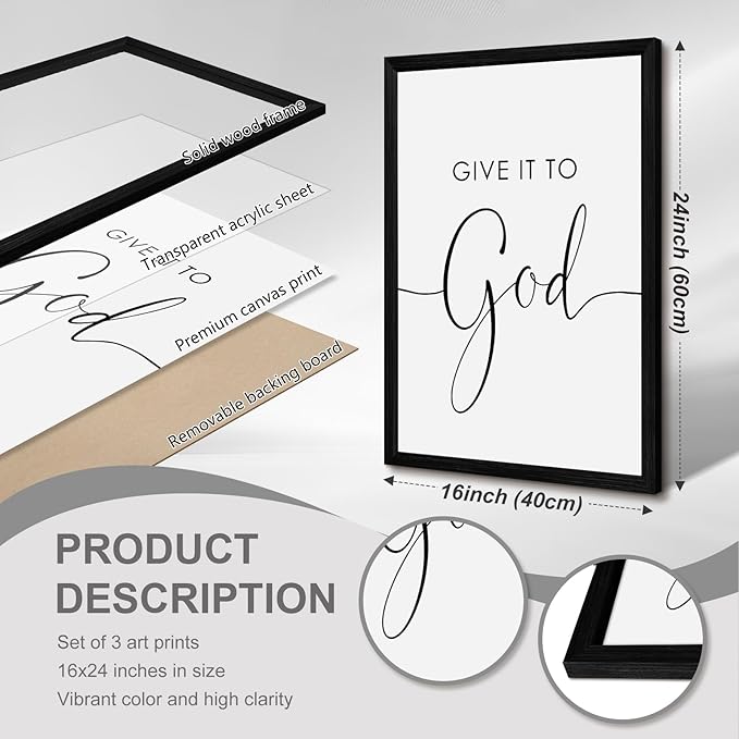 Give It to God and Go to Sleep Sign Canvas Wall Art Above Bed Wall Decor for Bedroom Bible Verse Prints Farmhouse Bedroom Pictures Artwork for over the Bed 16x24 Inch Framed Set of 3